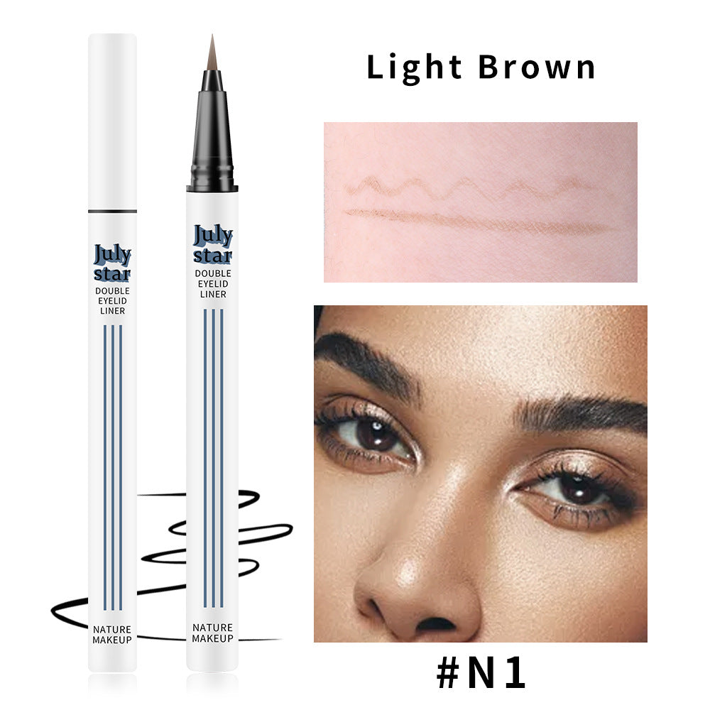 White plastic July Star double eyelid liner pen with blue text, light brown swatch, and model's eyes.