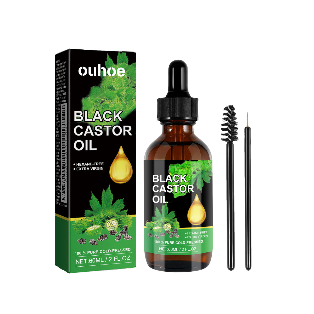 Ouhoe Black Castor Oil in a glass bottle with dropper, box, spoolie, and eyeliner brush.
