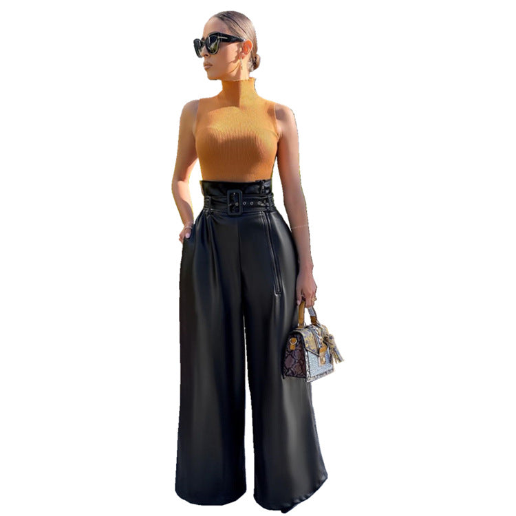 Eprolo high-waisted black PU leather wide-leg pants with metallic belt, stylish trendy trousers for women.