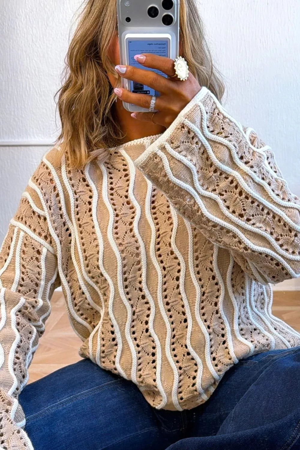 Contrast wavy striped openwork knit top for women, lightweight shirt with a stylish pattern, by Trendsi.