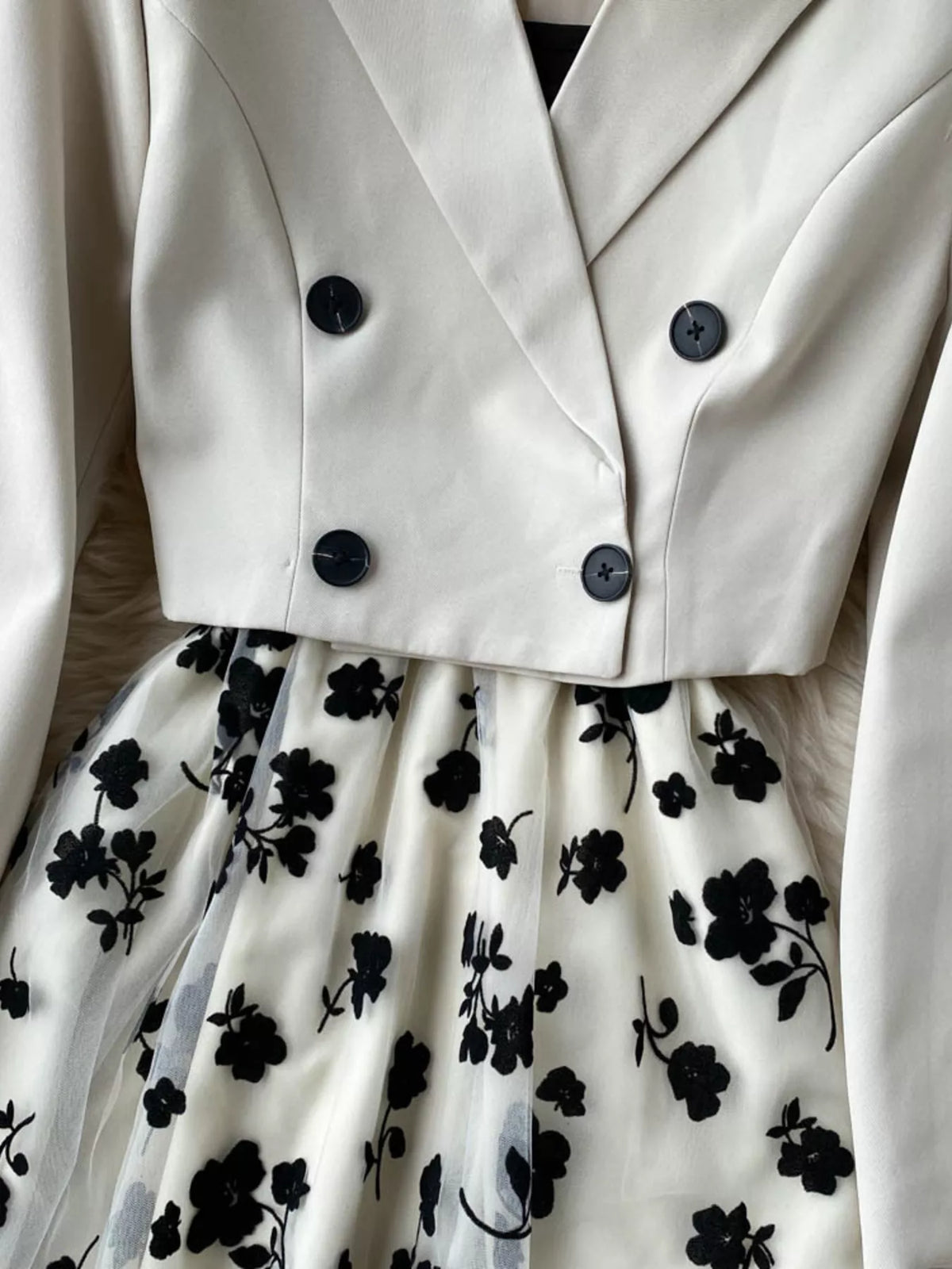 Elegant floral mesh two-piece dress and blazer set by Plush Fashion Hub, featuring a stylish dress with matching blazer and intricate floral details.