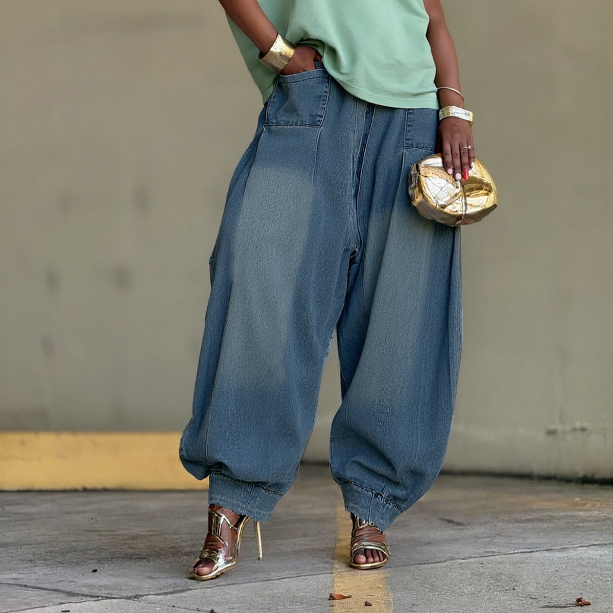 Wide-leg denim jeans with elastic waist from Plush Fashion Hub, featuring lantern style design and casual fit.