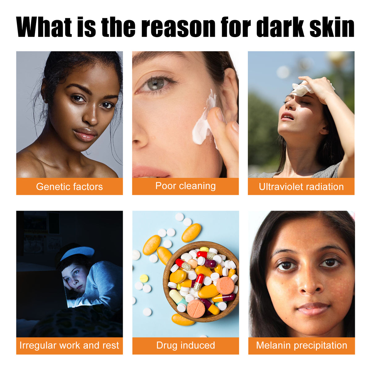 Infographic titled "What is the reason for dark skin" with six panels showing causes like genetics and UV.