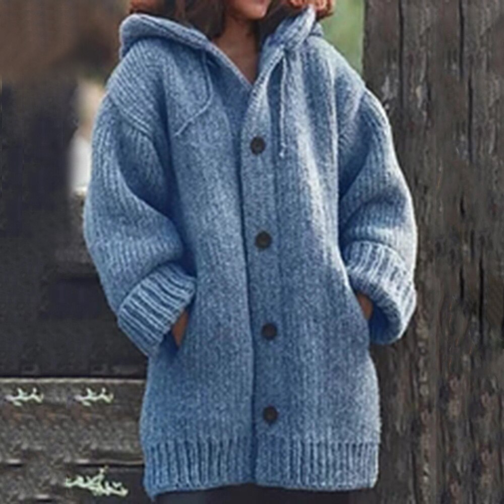 Blue knit cardigan sweater with hood, front buttons, ribbed cuffs and hem, and side pockets.