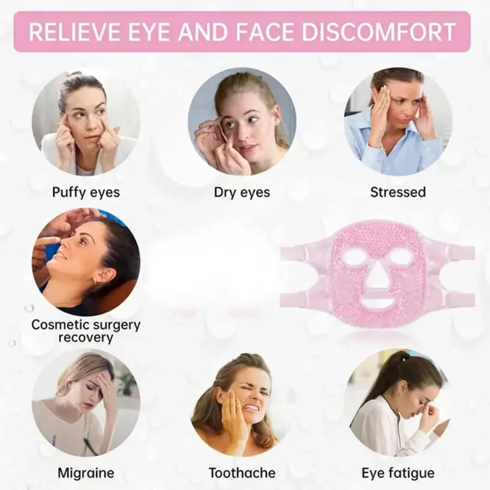 Pink gel-bead face mask with cutouts for eyes, nose, and mouth, surrounded by small circular images of women.