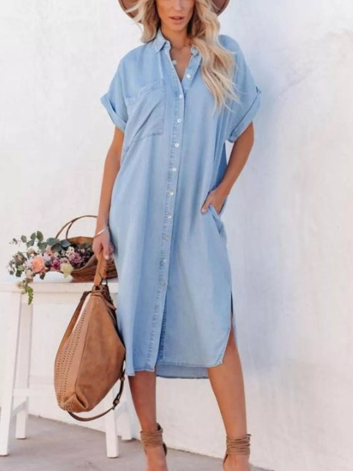 Plush Fashion Hub casual shirt dress with side slits, lightweight and stylish, perfect for everyday wear and relaxed occasions.