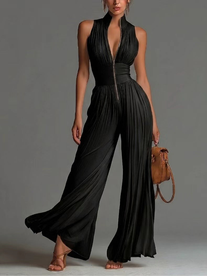 White pleated strap neck jumpsuit for women with long wide-leg design and folded detail, stylish eprolo fashion jumpsuit.