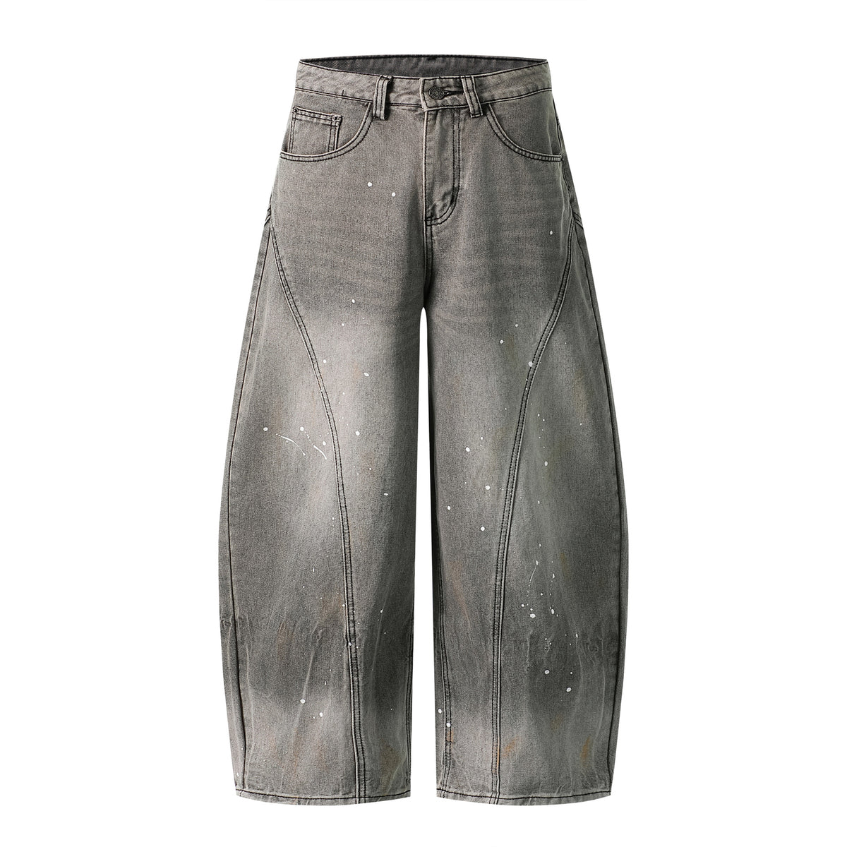 Eprolo heavy wash gradient splatter denim pants with loose wide-leg fit, patchwork design, versatile long denim trousers.