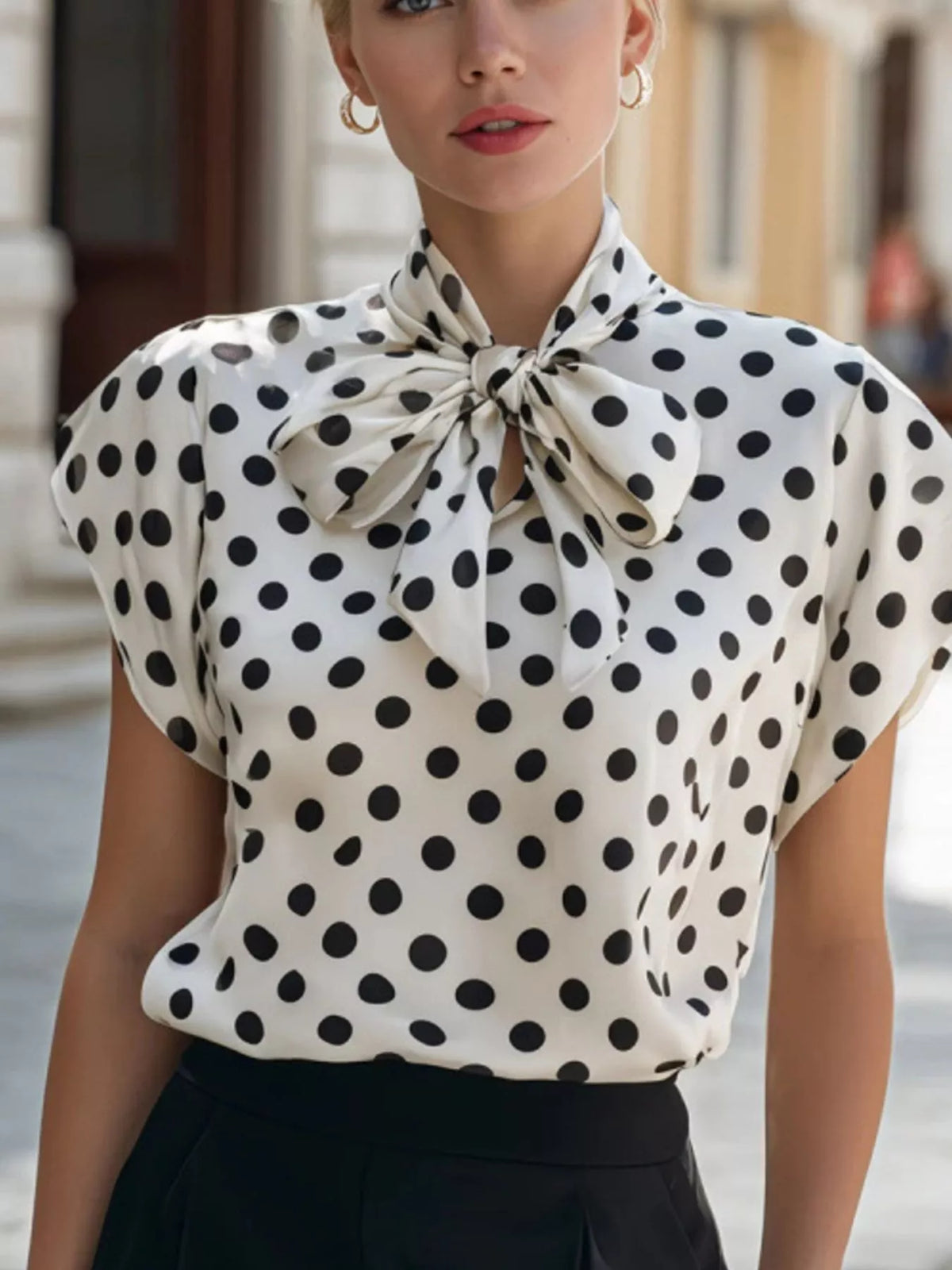 Women’s polka dot bow tie blouse by Trendsi, featuring a stylish design with a bow detail and classic polka dot pattern.