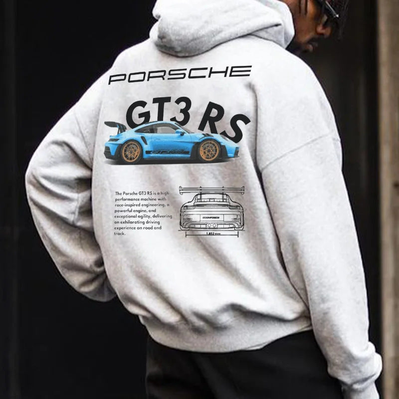A light grey long-sleeve hoodie featuring a blue Porsche GT3 RS car graphic and text on the back.