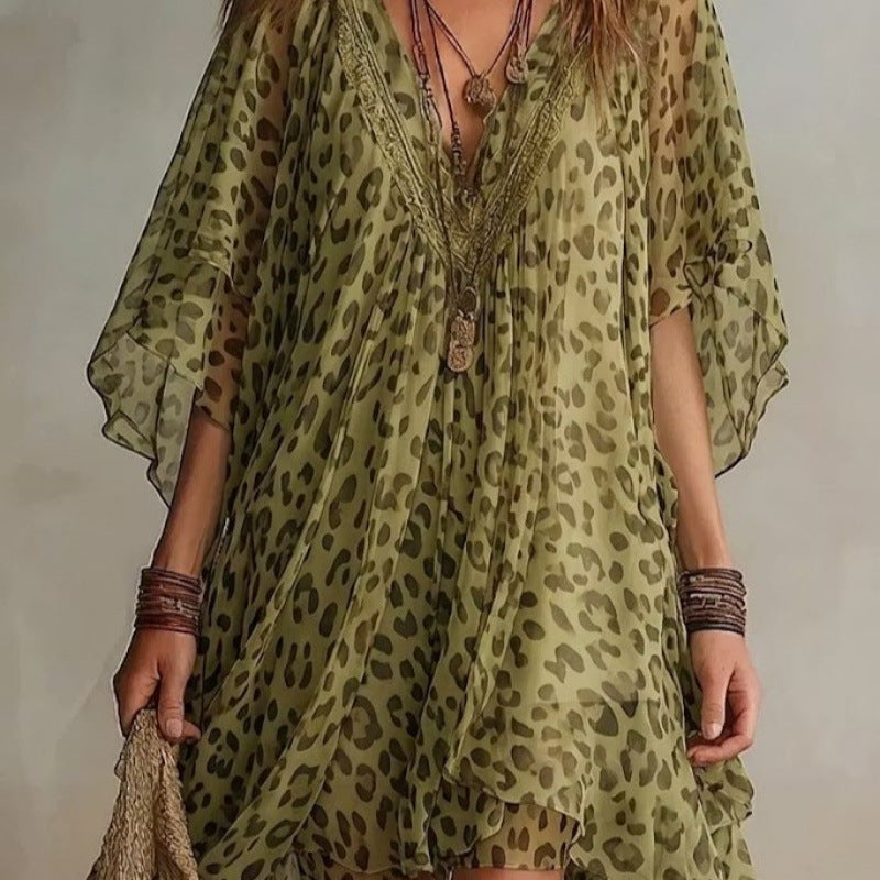 Eprolo v-neck chiffon beach dress with leopard print, perfect as a vacation cover-up or beach skirt, lightweight and stylish.