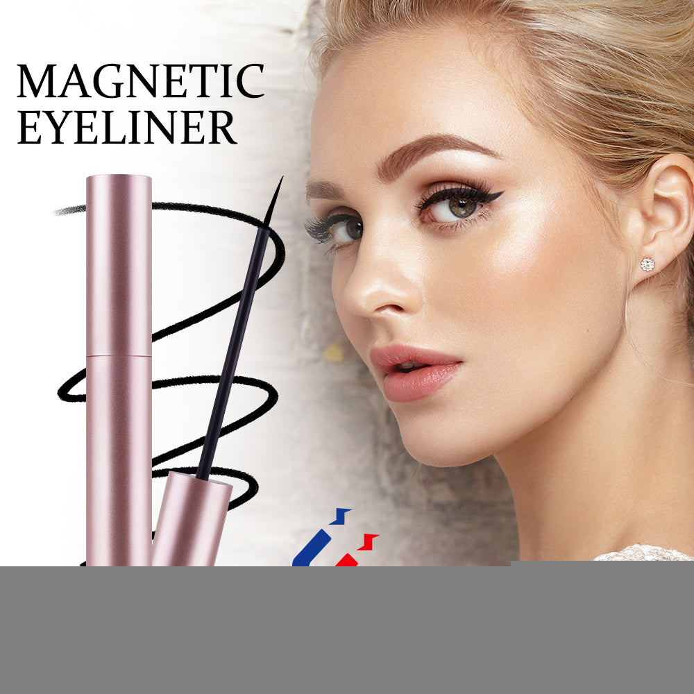 A pink magnetic eyeliner tube with a black brush wand, alongside a blonde woman with winged eyeliner.