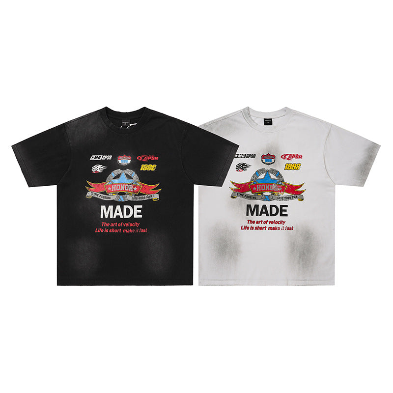 Eprolo racing-themed short sleeve shirt with bold racing elements and graphic design on white fabric.