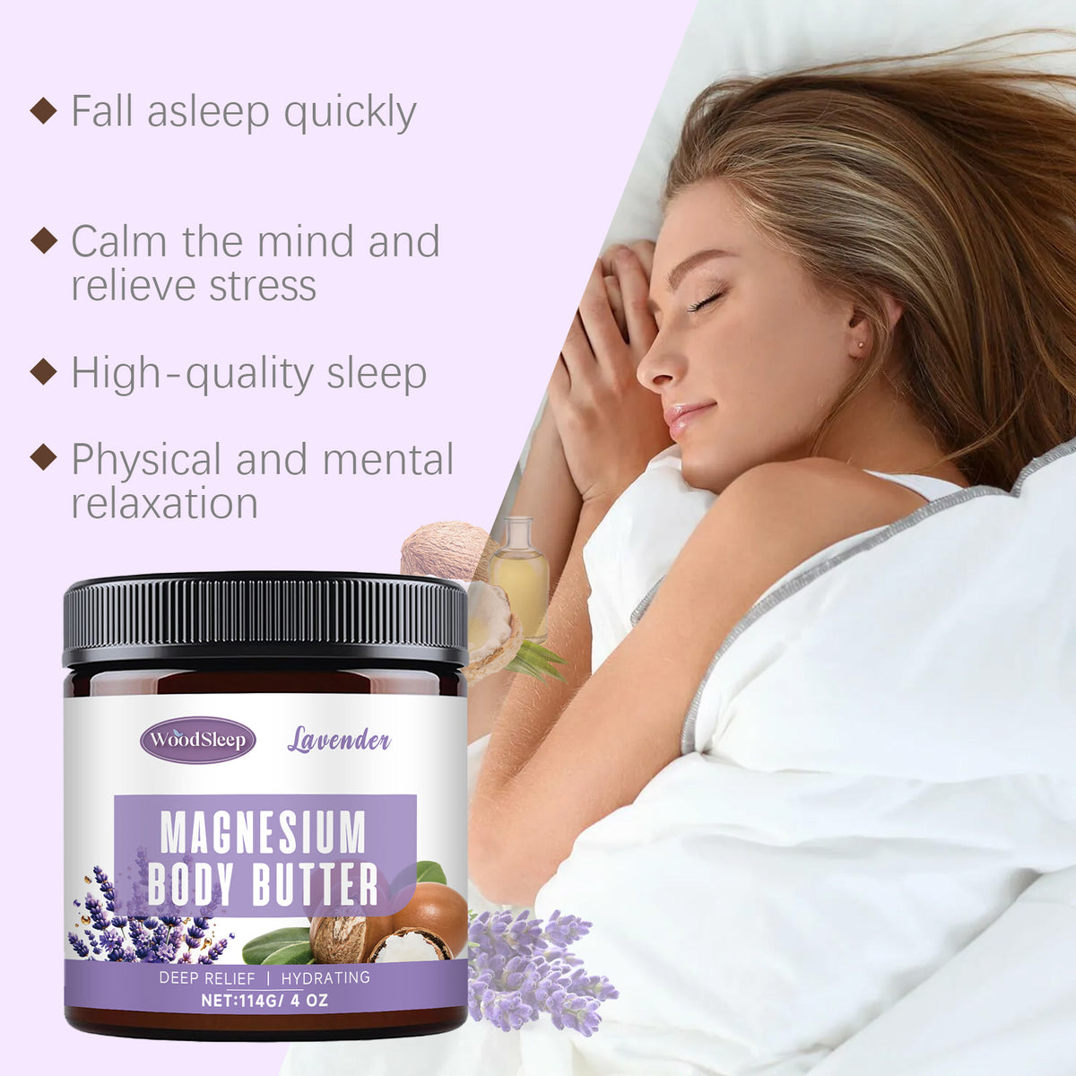 WoodSleep lavender magnesium body butter jar next to a woman sleeping peacefully in white bedding.