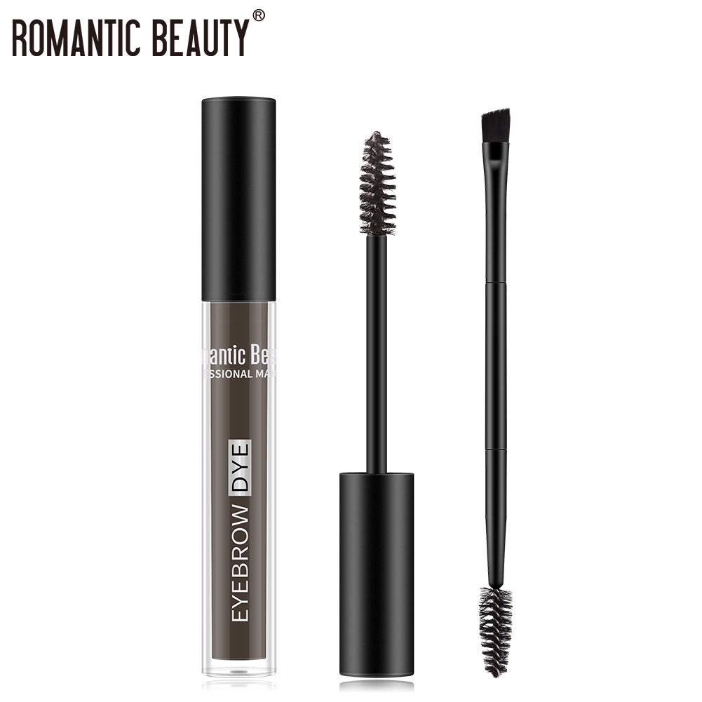 Romantic Beauty eyebrow dye in a clear plastic tube with a black cap, mascara wand, and double-ended brush.