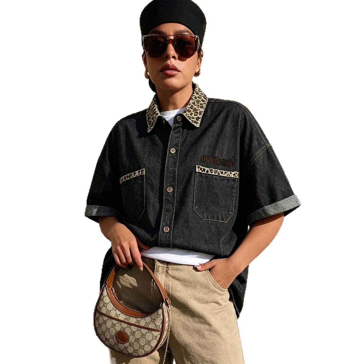 Leopard print patchwork washed denim shirt with half sleeves from eprolo, featuring a stylish, casual design.