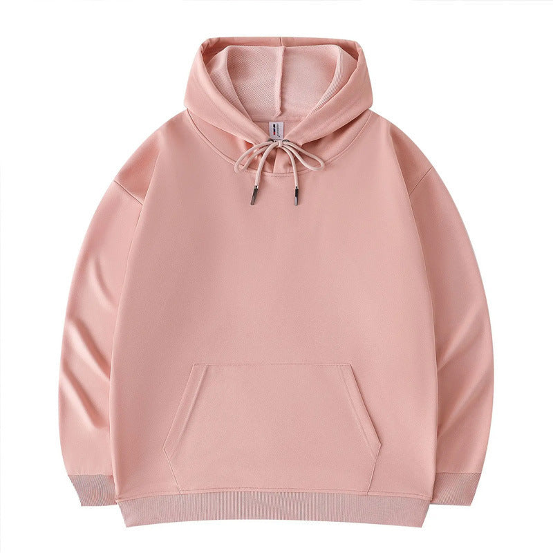 A solid pink long-sleeve hoodie featuring a front kangaroo pocket and drawstring hood is displayed flat.