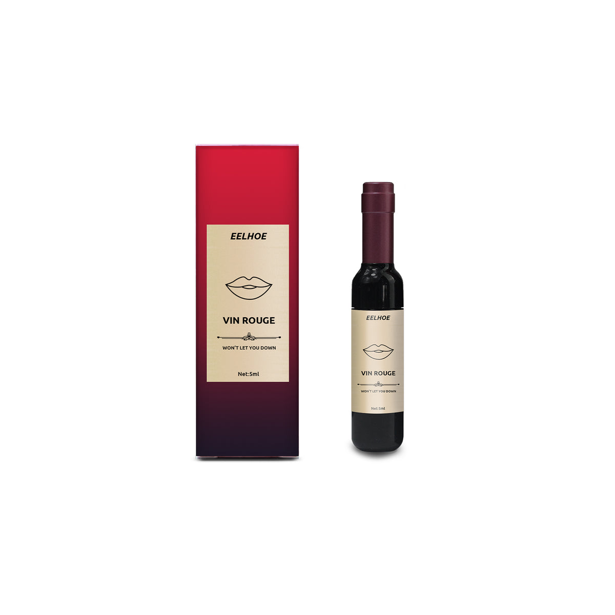 Red EELHOE Vin Rouge lip stain bottle and box with gold label, lip icon, and text.