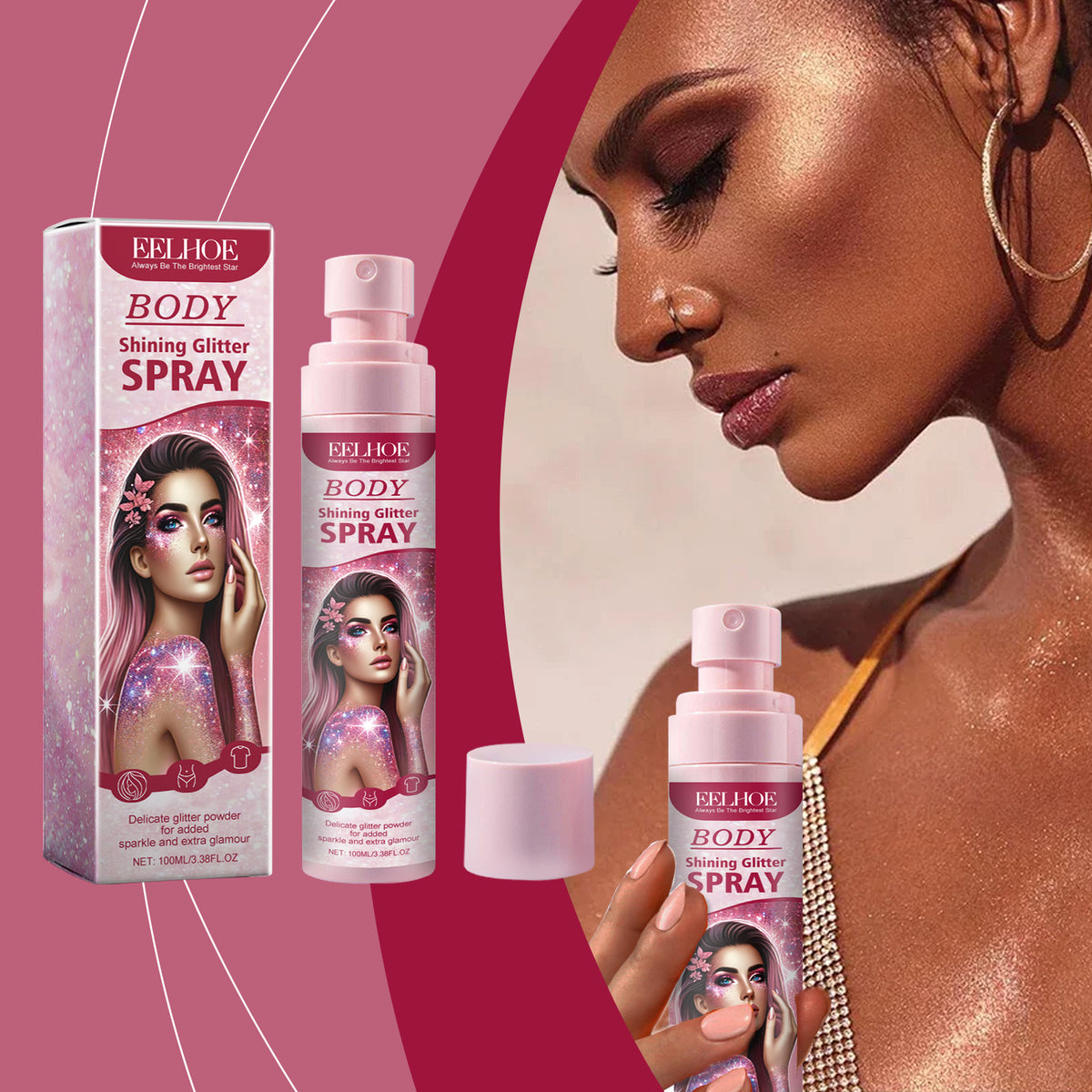 Pink plastic Eelhoe Body Shining Glitter Spray bottle with box and cap, featuring model graphics and glitter text.