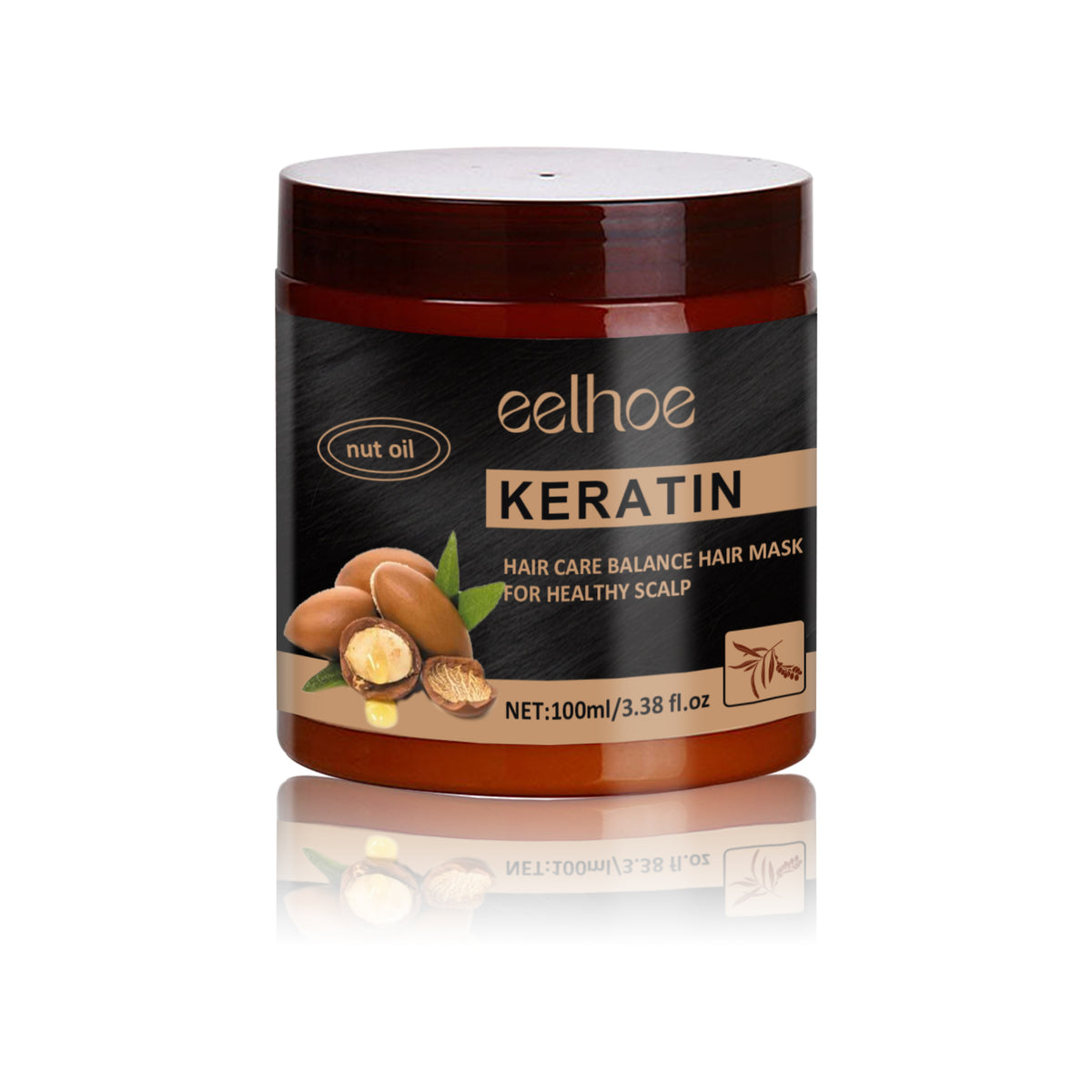 Brown plastic jar of Eelhoe Keratin hair mask with a black label, argan nuts, and text "100ml/3.38 fl.oz".