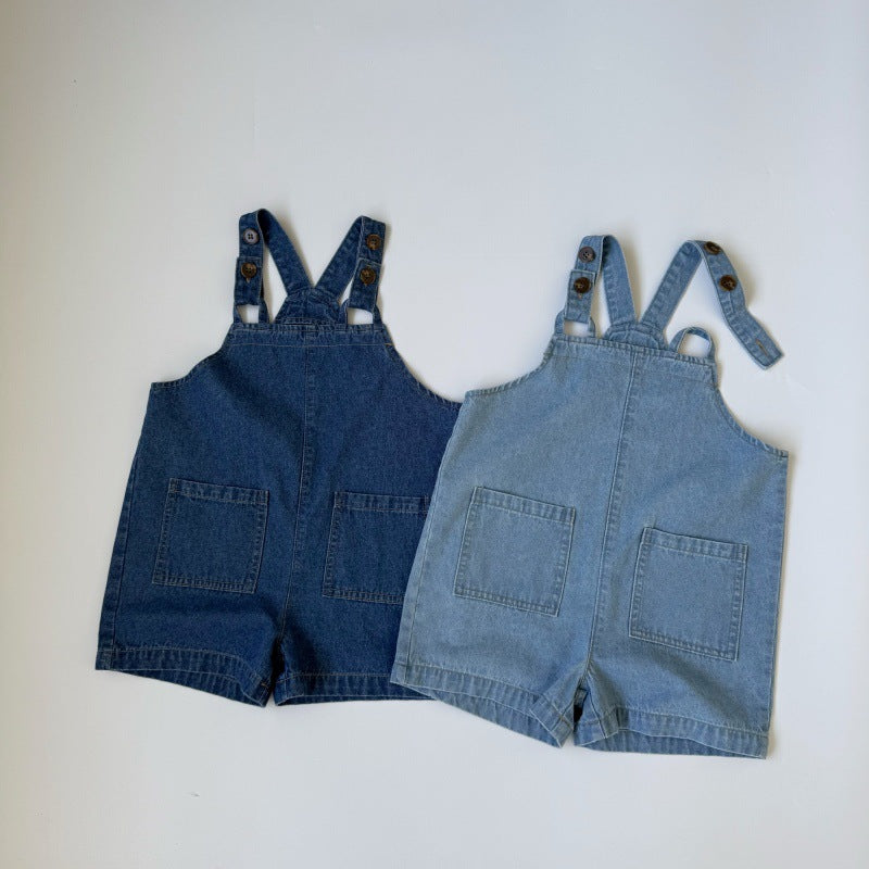 Two denim short overalls, one dark blue and one light blue, featuring front buttons and two back pockets.