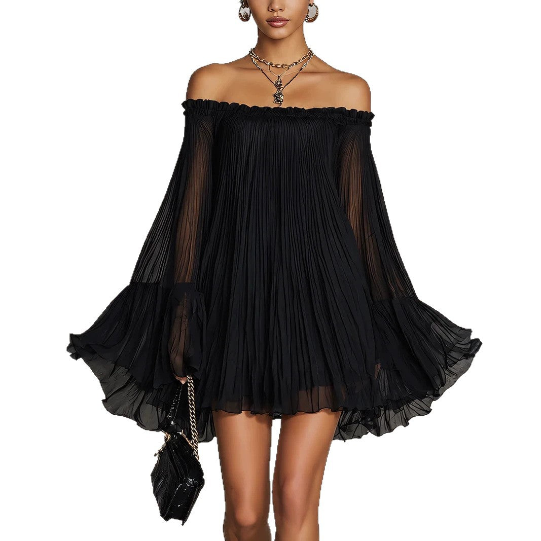 Elegant black off-shoulder backless mini dress by eprolo with pleated lantern sleeves and a chic, flowing silhouette.