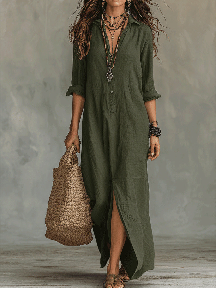 Eprolo long casual shirt dress with notch lapel, front slit, solid color, suitable for spring and summer wear.