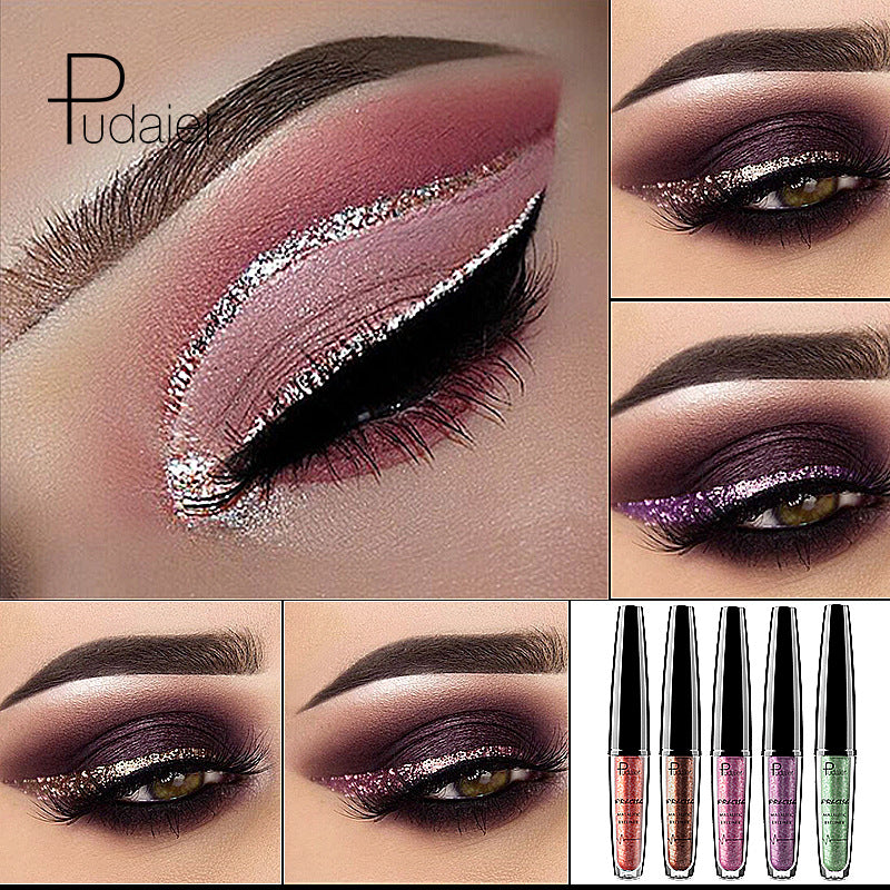 Liquid eyeliner set in plastic bottles, featuring metallic and glitter styles in pink, purple, bronze, and green.