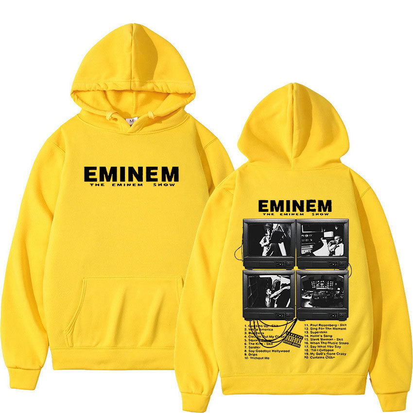 Unisex Eminem World Tour hoodie by eprolo featuring graphic print and casual fit, displayed on a model.