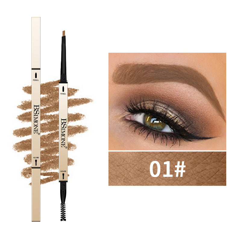 Gold BSIMONE 01# eyebrow pencil with a fine tip and spoolie, shown with a swatch and filled-in brown brow.