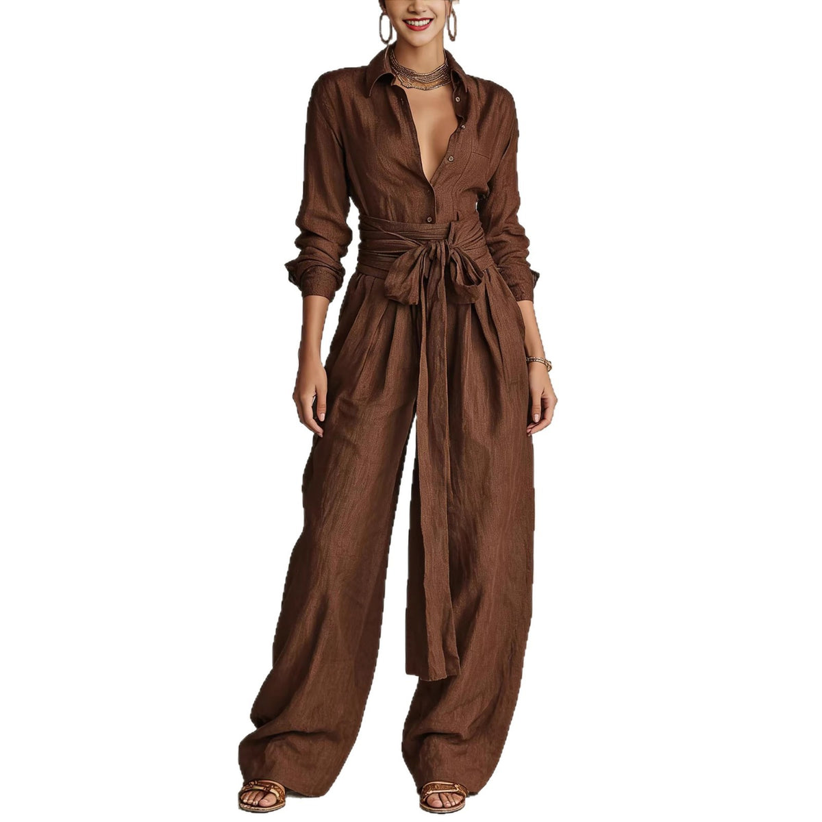Plush Fashion Hub solid color collar top and high-waisted pants two-piece outfit set, shown on a model.