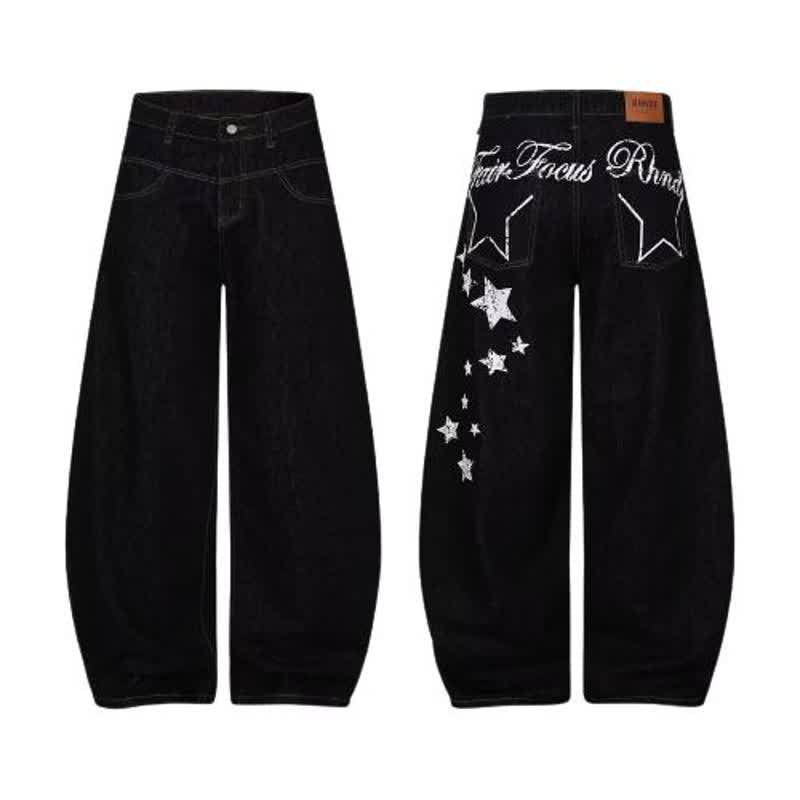 Star print black baggy slash-style jeans from eprolo featuring a relaxed fit and edgy design with star patterns and slash details.