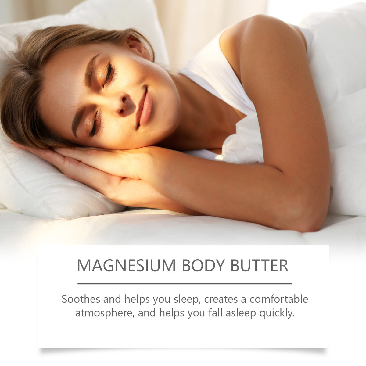 A woman with light brown hair sleeps peacefully on a white pillow in a white bed, illuminated by sunlight.