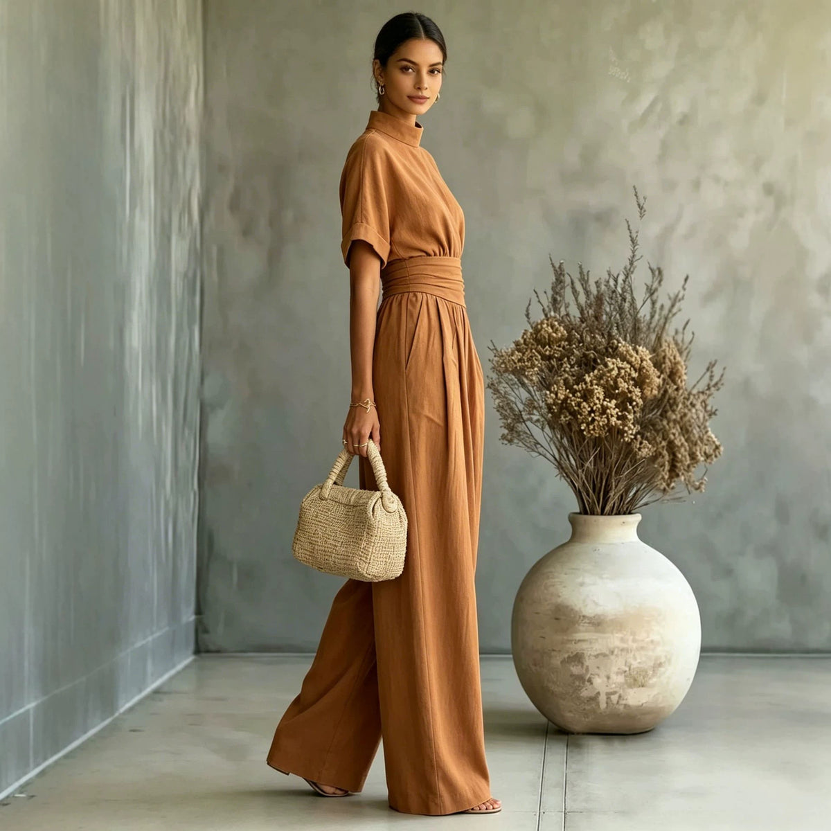Eprolo half high neck short sleeve wide-leg jumpsuit, stylish and comfortable, shown in a full view with a relaxed fit.