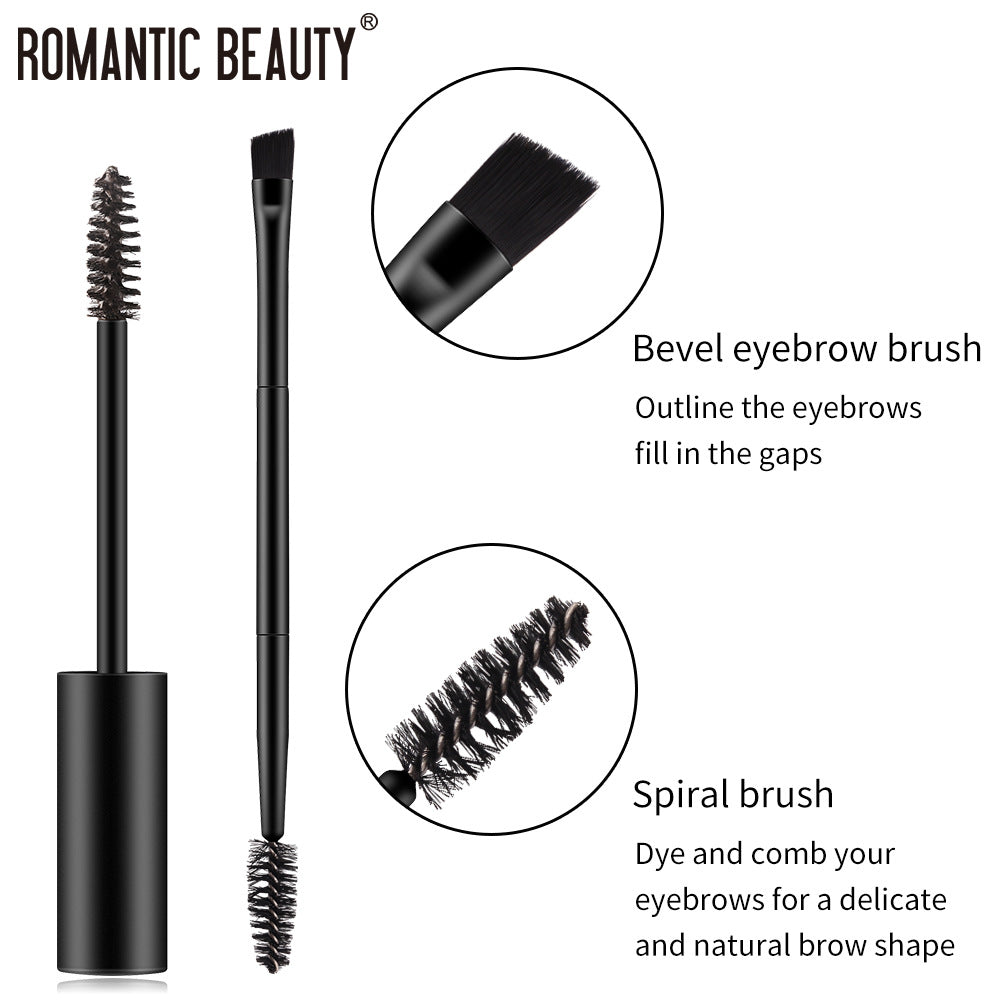 Black double-ended eyebrow brush with an angled brush on one end and a spiral spoolie brush on the other.
