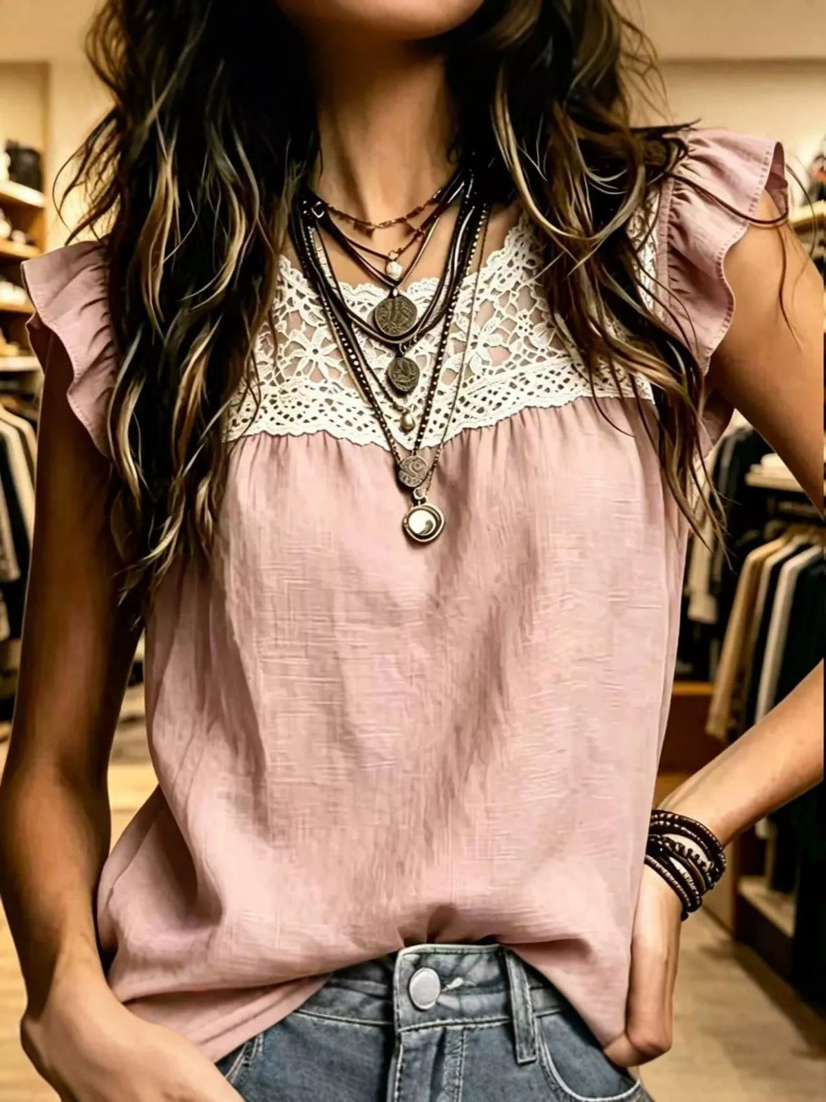Plus size full lace trim ruffle sleeve blouse by Trendsi, featuring short sleeves and delicate lace detailing.