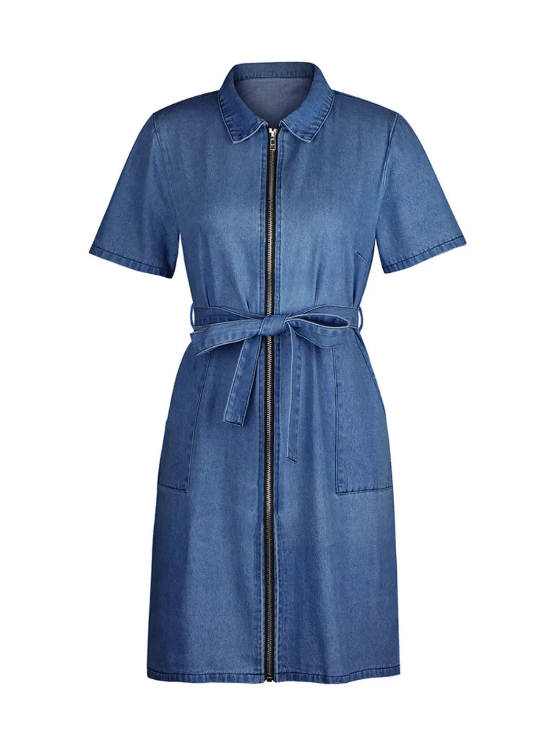 Plus size denim dress by Plush Fashion Hub with short sleeves and full front zipper, casual and stylish clothing option.