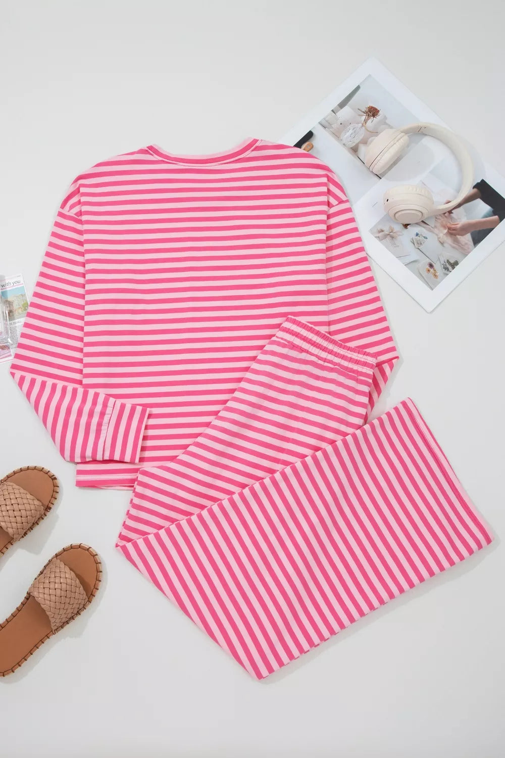 Stripe drop shoulder round neck top and buttoned straight pants two-piece set by Plush Fashion Hub, shown on a model.