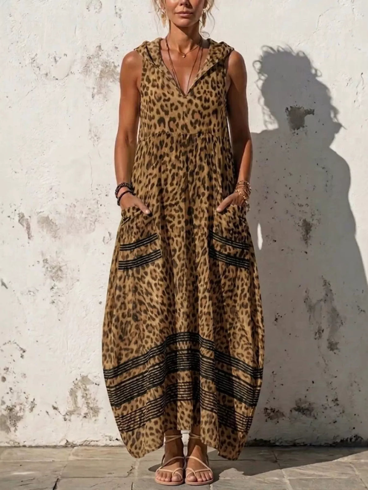 Plus size leopard print sleeveless hooded maxi dress with pockets, stylish and comfortable from Trendsi.
