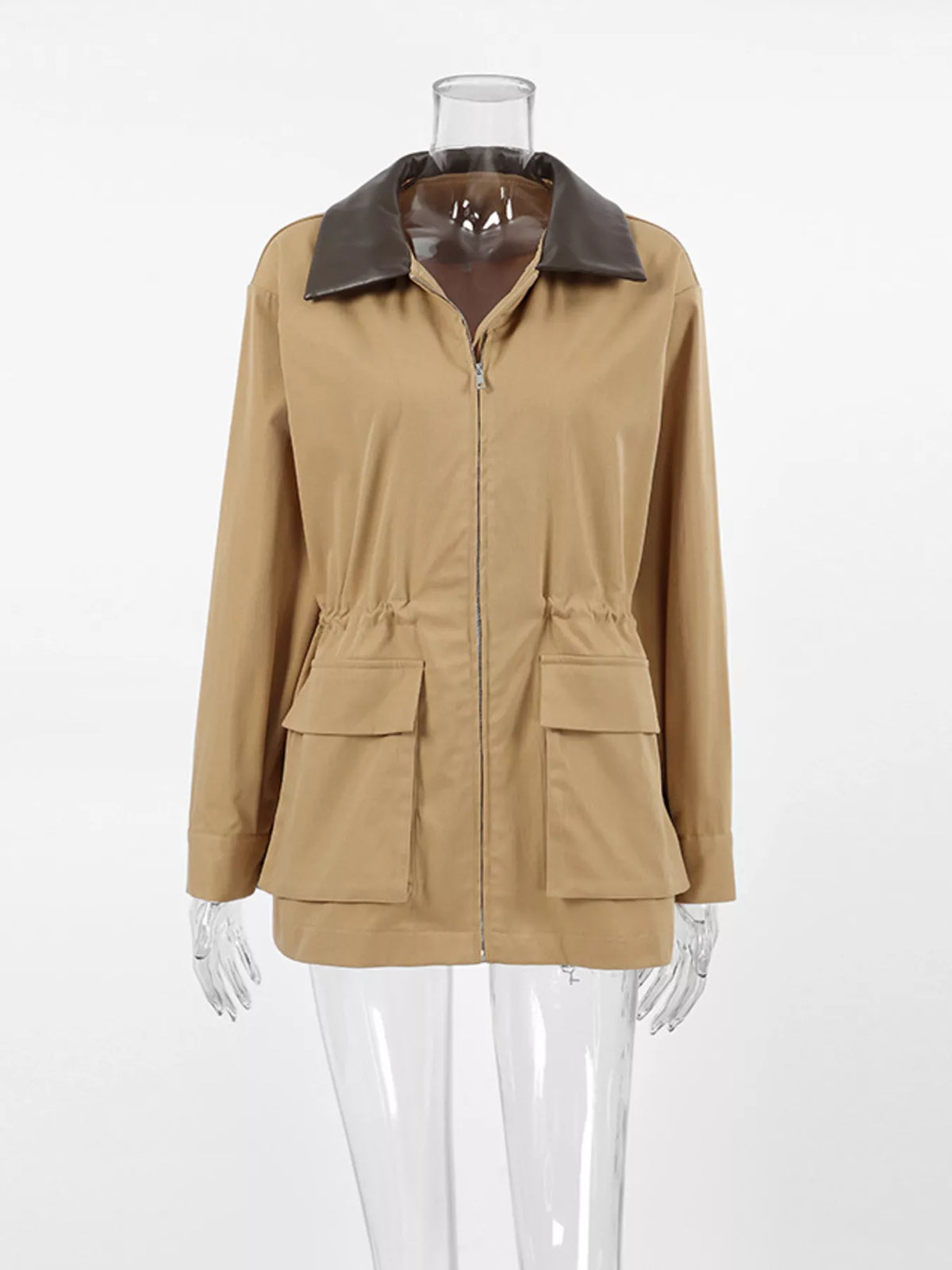 Oversized contrast collar jacket with drawstring waist, trendy outerwear by Trendsi, featuring a stylish collar and relaxed fit.