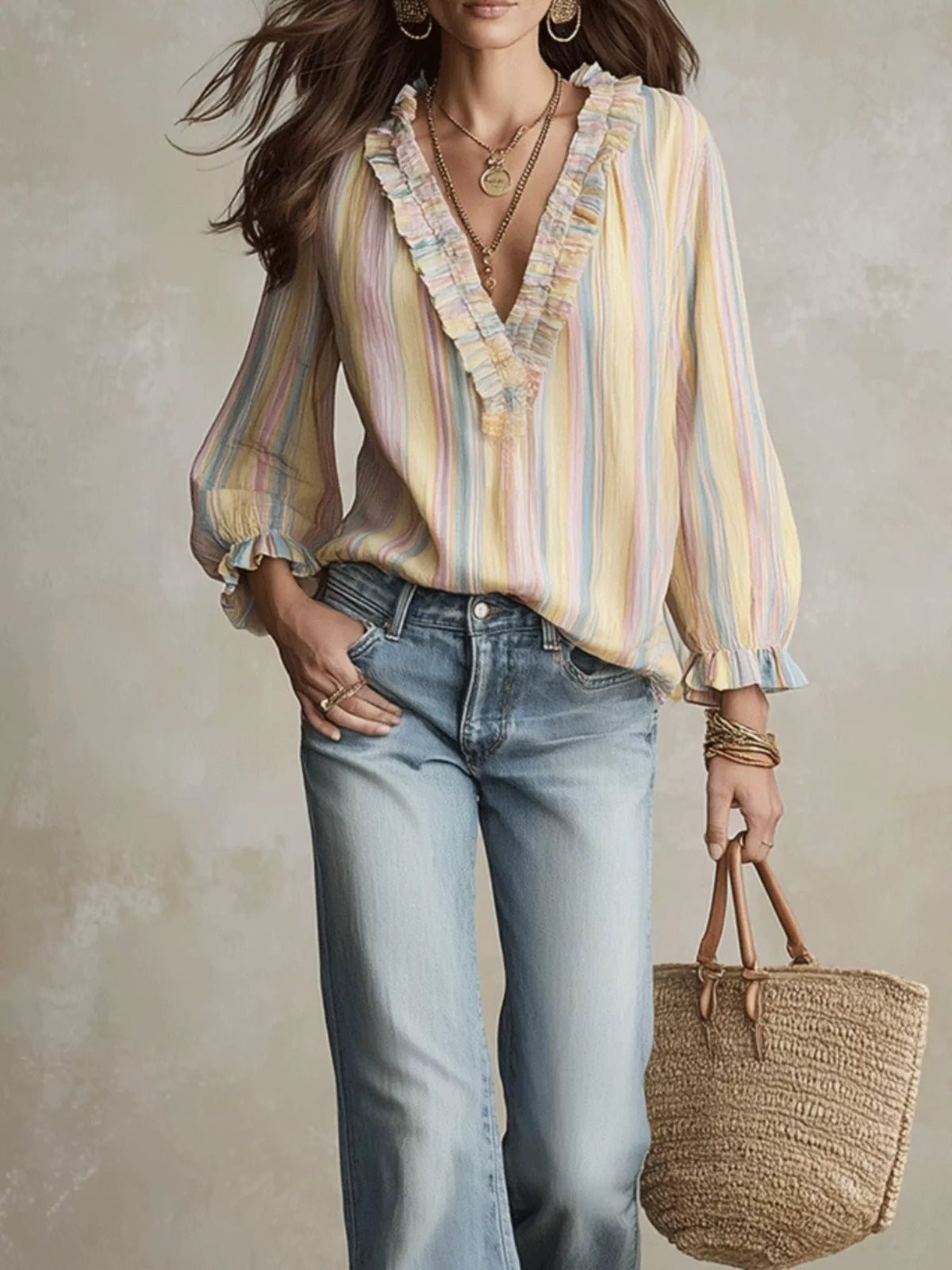 Striped ruffle-trim V-neck blouse by Trendsi, featuring soft fabric, stylish ruffles, and a flattering V-neck design.
