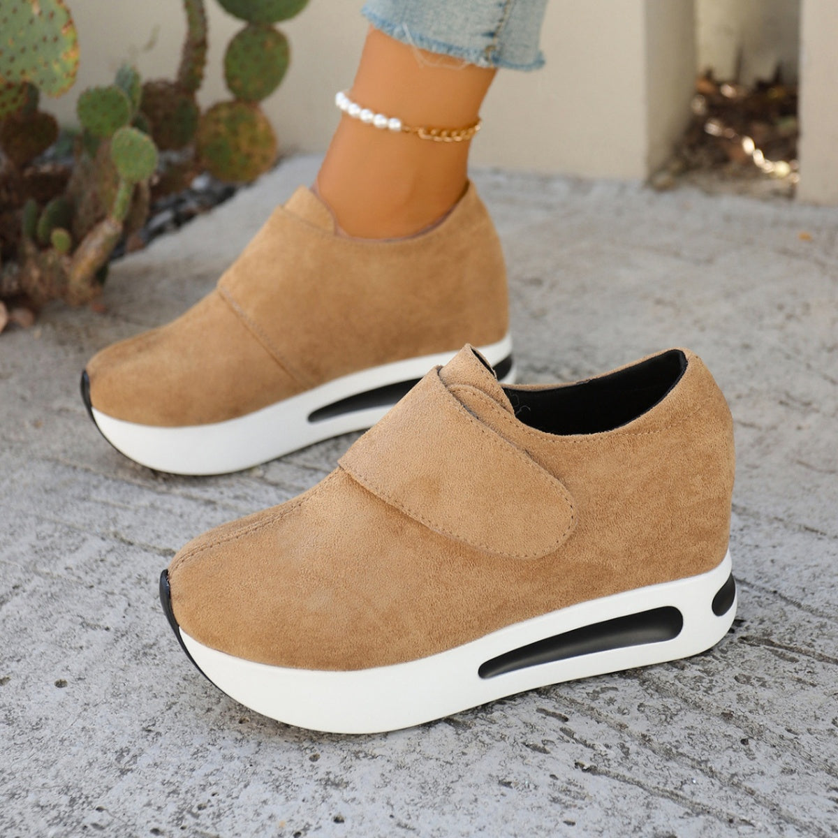 Women’s round toe platform sneakers by Plush Fashion Hub featuring a mid-heel casual shoe design and stylish silhouette.