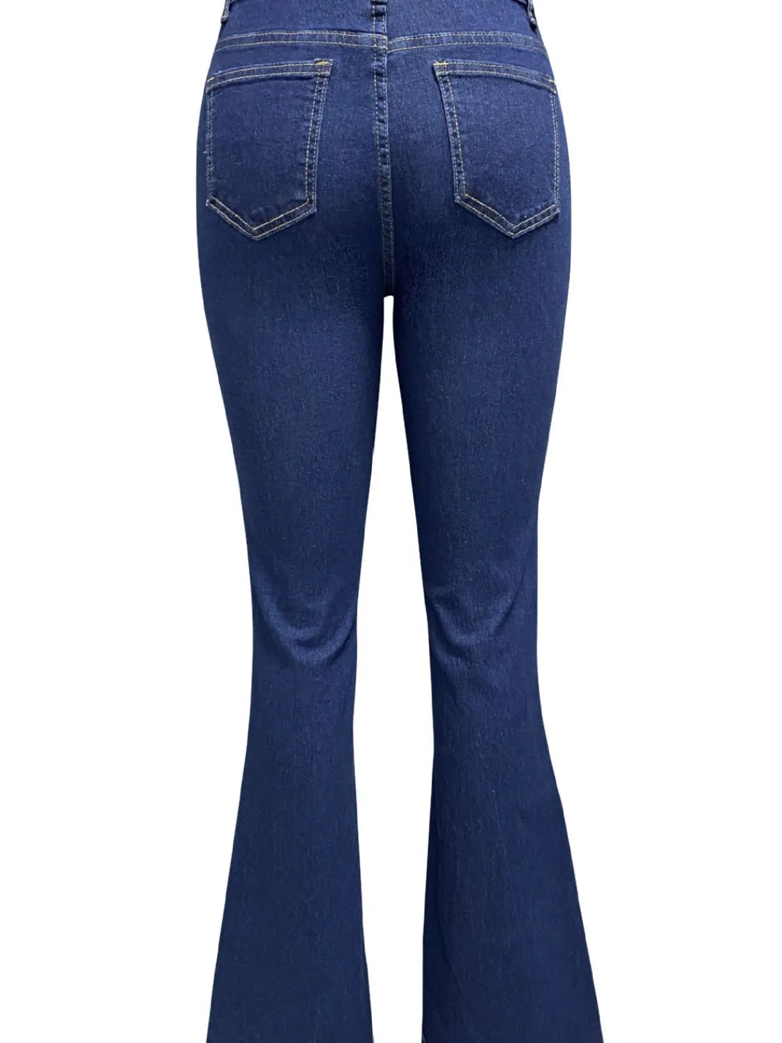 Plush Fashion Hub denim flare jeans with pockets, featuring a stylish fit and classic blue denim fabric.