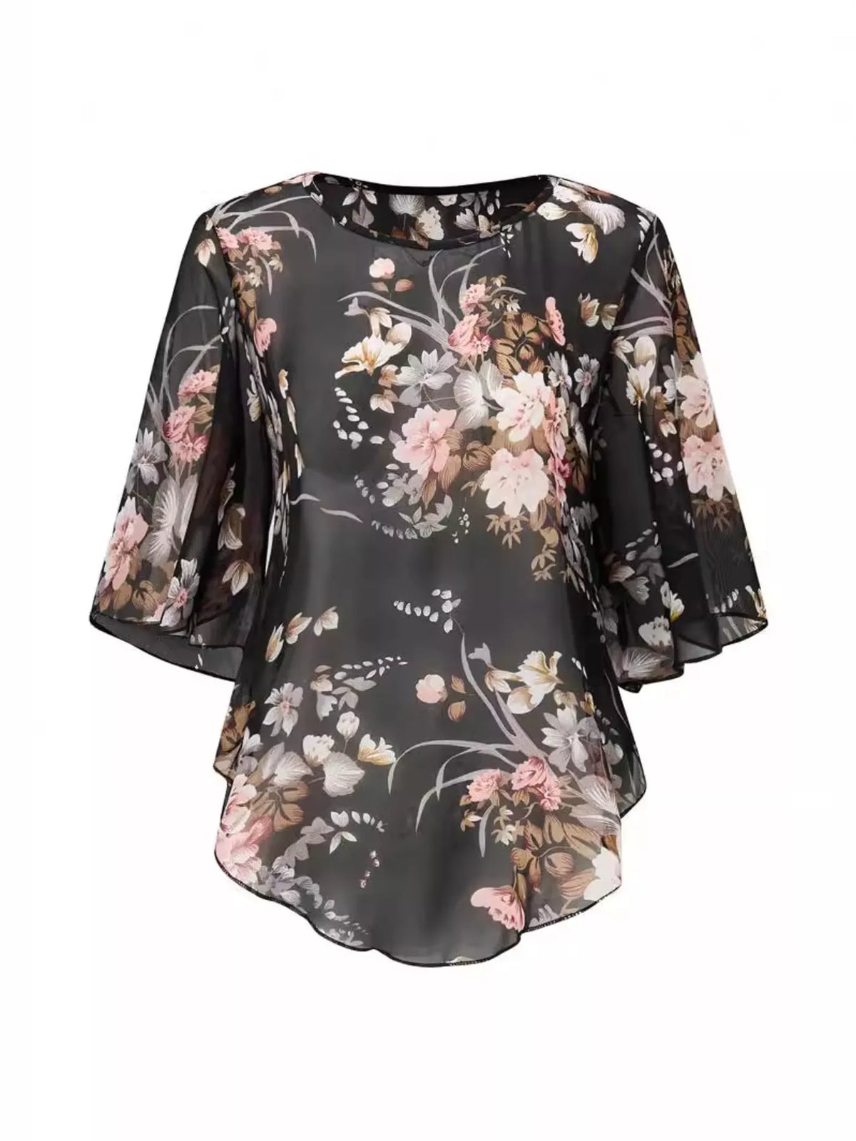 Plush Fashion Hub sheer floral print round neck blouse with long sleeves and lightweight fabric, stylish and feminine.