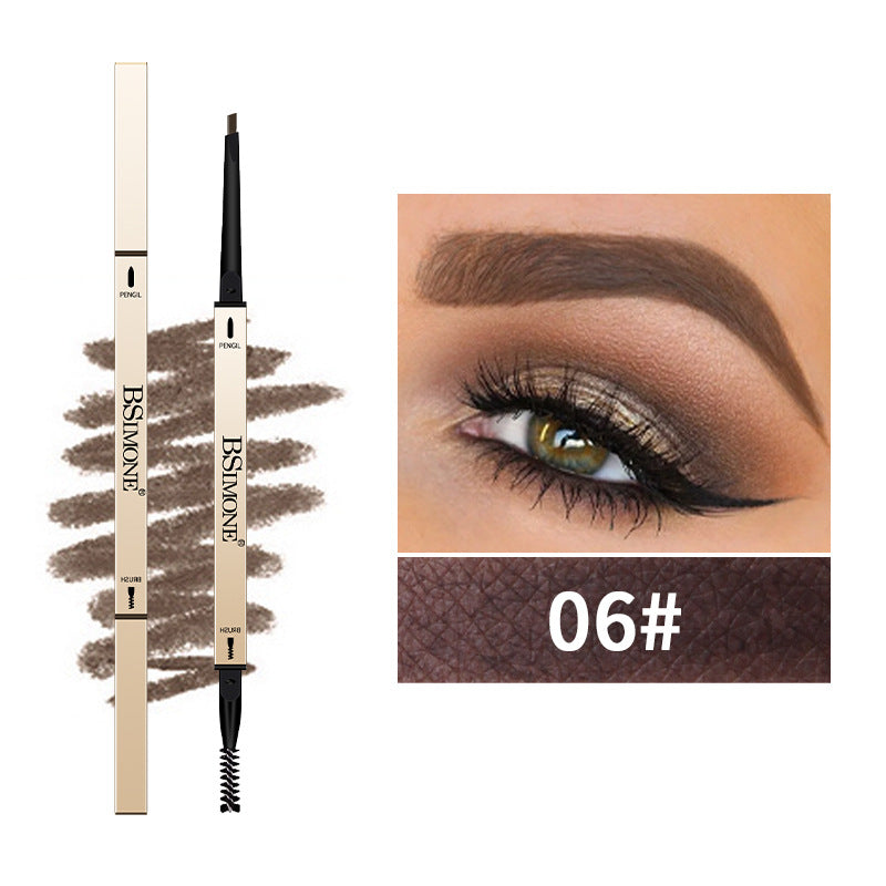 Gold dual-ended BSIMONE eyebrow pencil in shade 06# with a triangular tip and spoolie brush, and brown swatches.