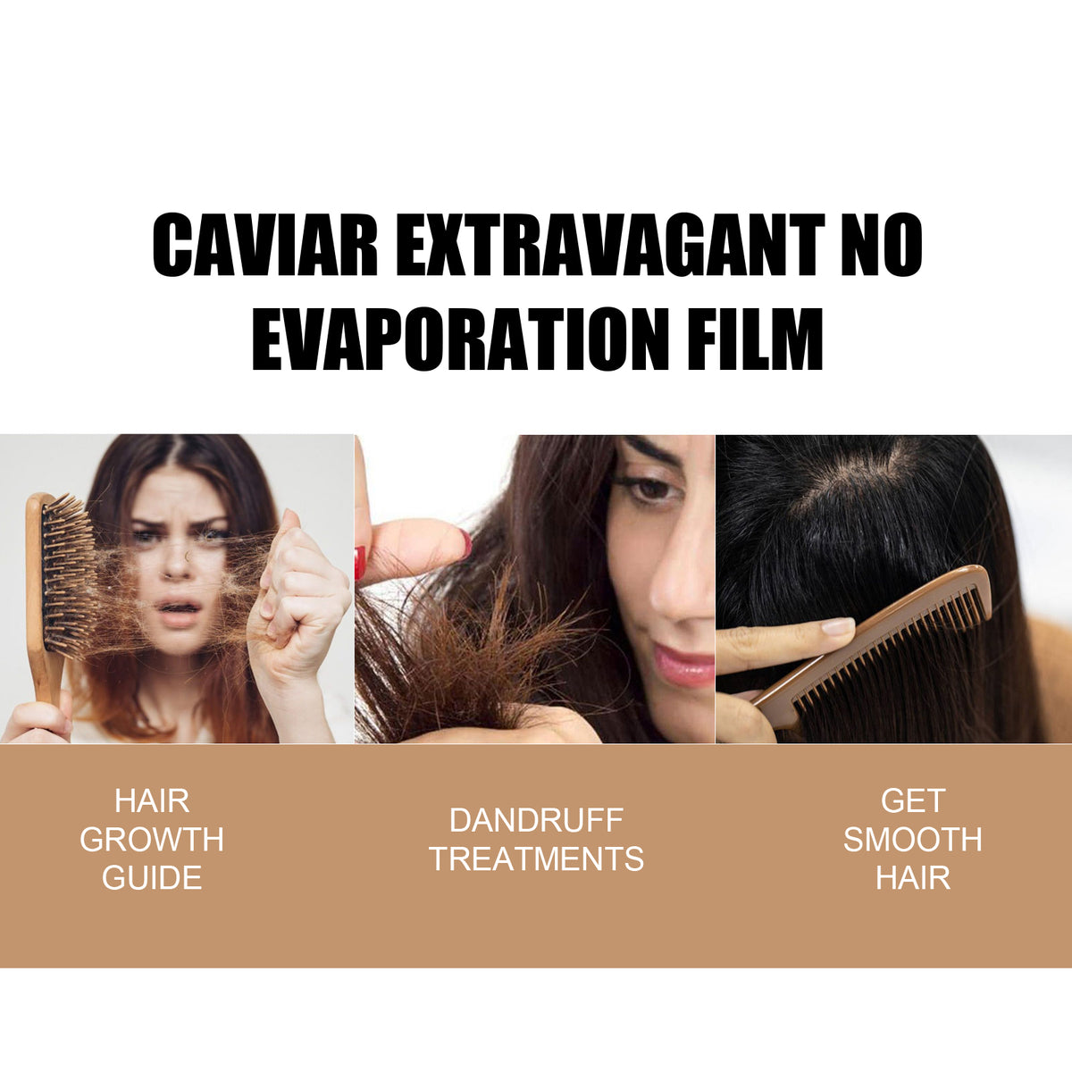 Promotional graphic featuring text: CAVIAR EXTRAVAGANT NO EVAPORATION FILM, and images showing hair issues.