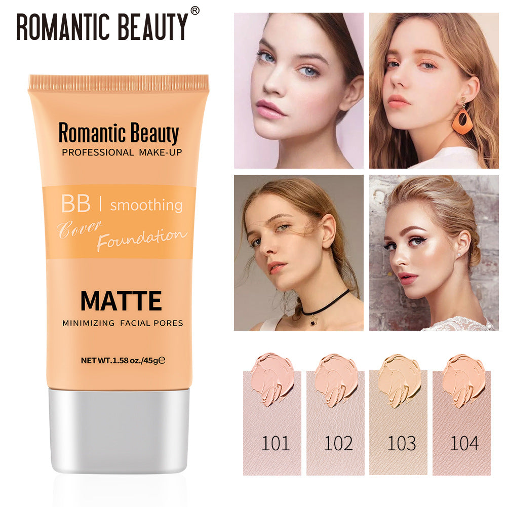 Peach-colored plastic tube of Romantic Beauty BB smoothing foundation with black text and silver cap.