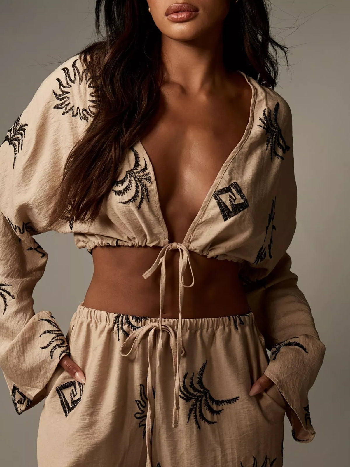 Printed crop top and wide-leg pants set for women, stylish fashion outfit, trendy Trendsi brand ensemble, perfect for casual wear