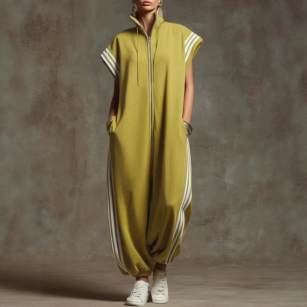 Striped zipper stand collar jumpsuit from Plush Fashion Hub, stylish outfit set with a fitted silhouette and modern design.