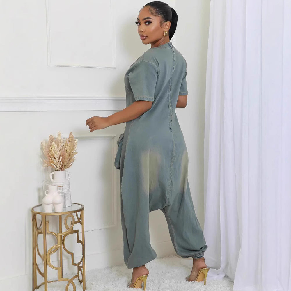 Women’s peacock blue loose-fit washed denim overalls with front and back pockets, stylish and comfortable from Plush Fashion Hub.